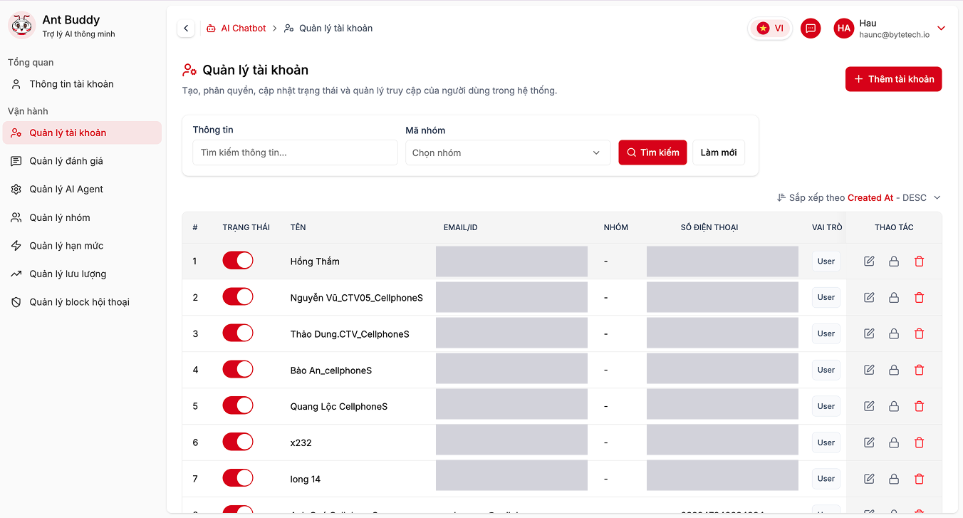 Quản lý tài khoản - Pango Chatbot Admin